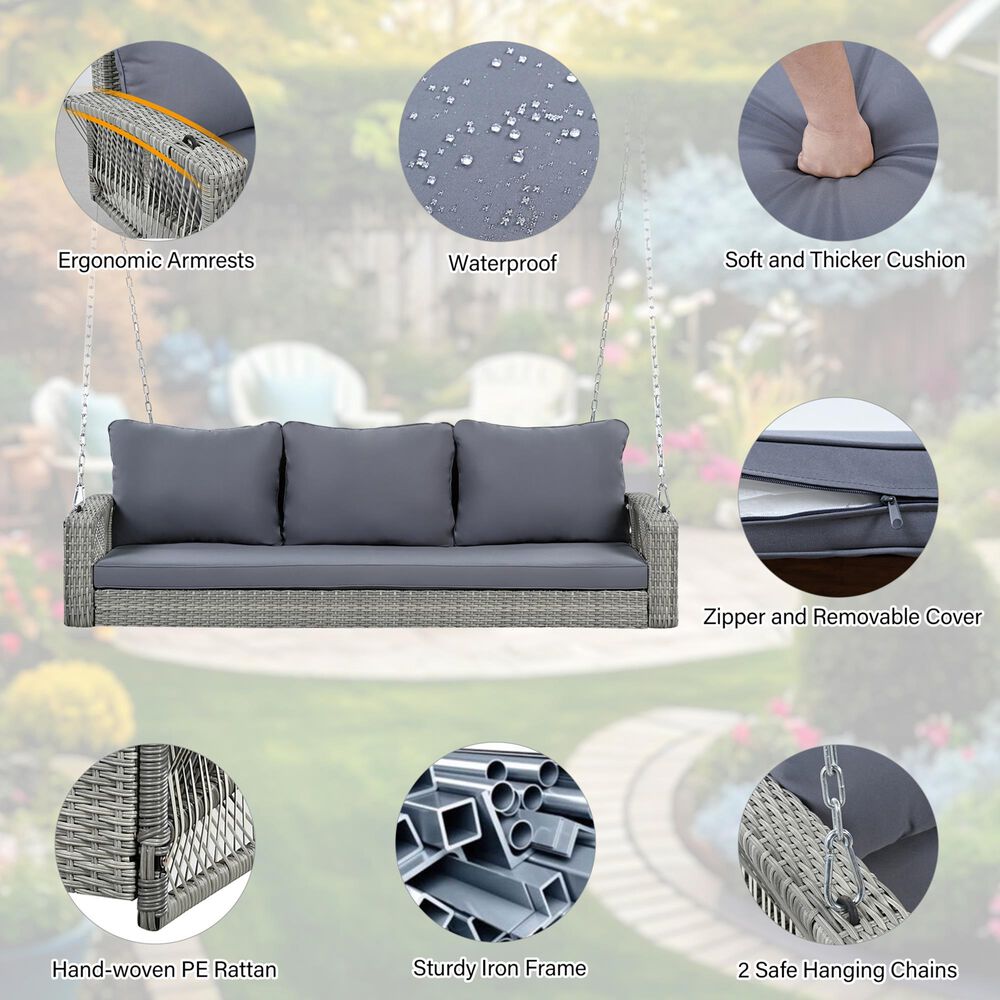 Hearth and Haven Go Outdoor 3-Seater PE Rattan Wicker Porch Swing Bench in Gray, , large