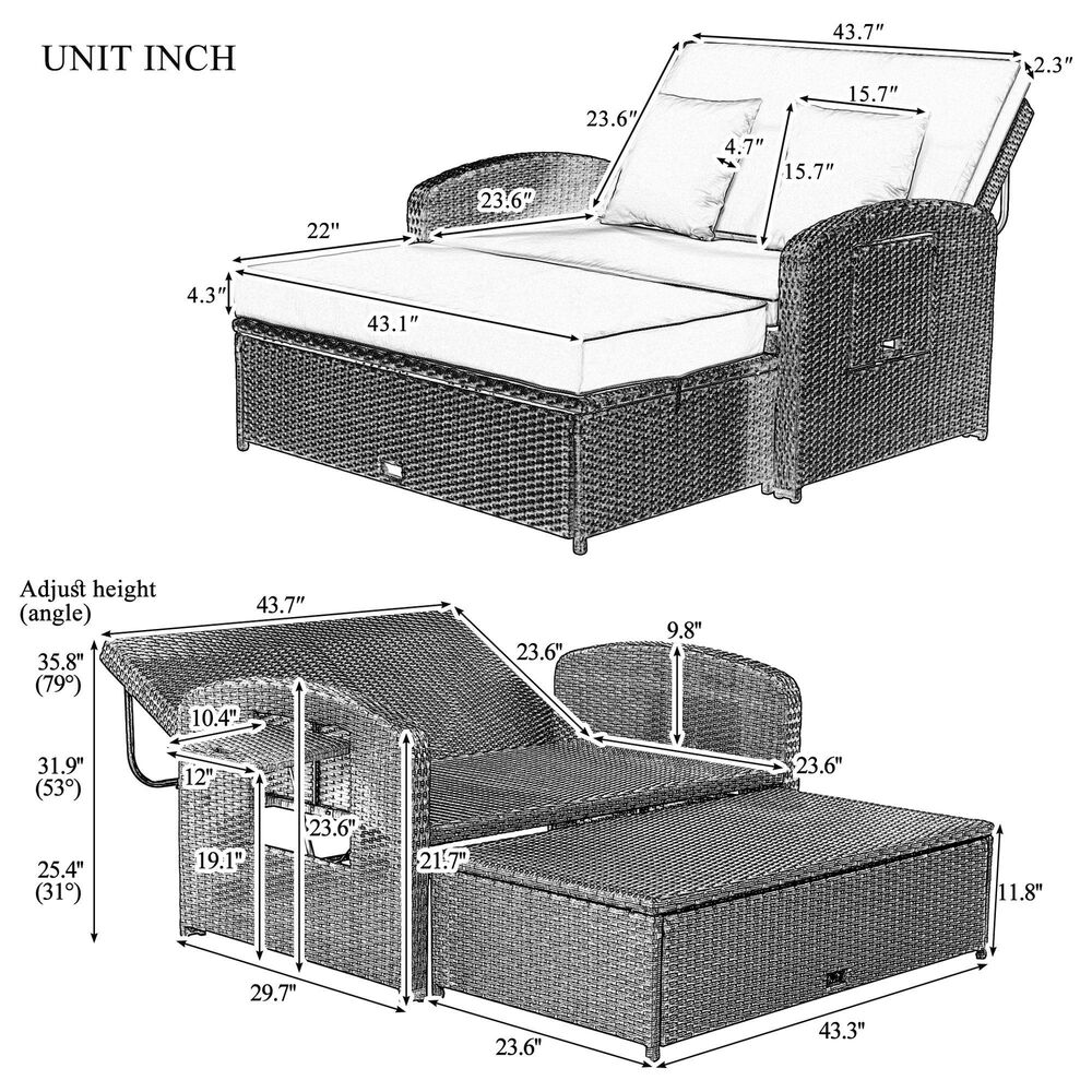 HOMLUX Wicker Rattan Double Chaise Lounge in Grey, , large