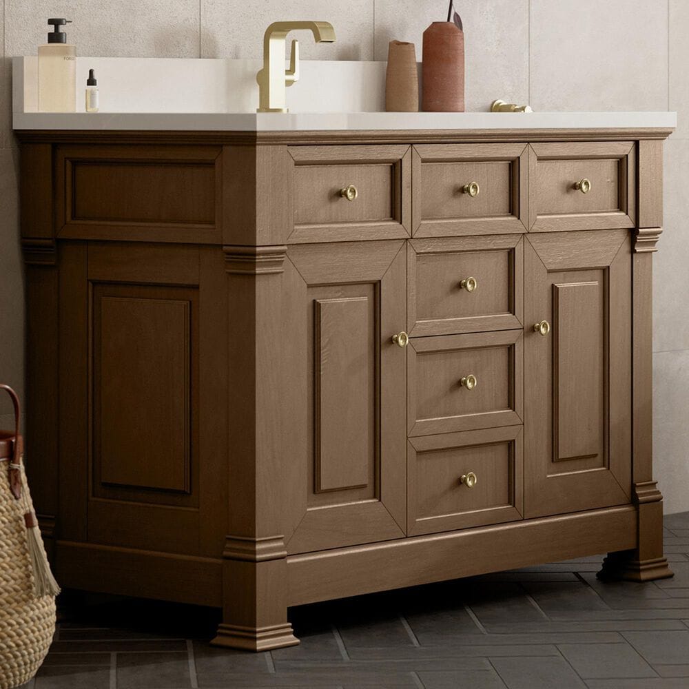 James Martin Vanities Brookfield 48&quot; Single Bathroom Vanity in Pecan with Single Hole 3 cm White Zeus Quartz Top and Rectangular Sink, , large