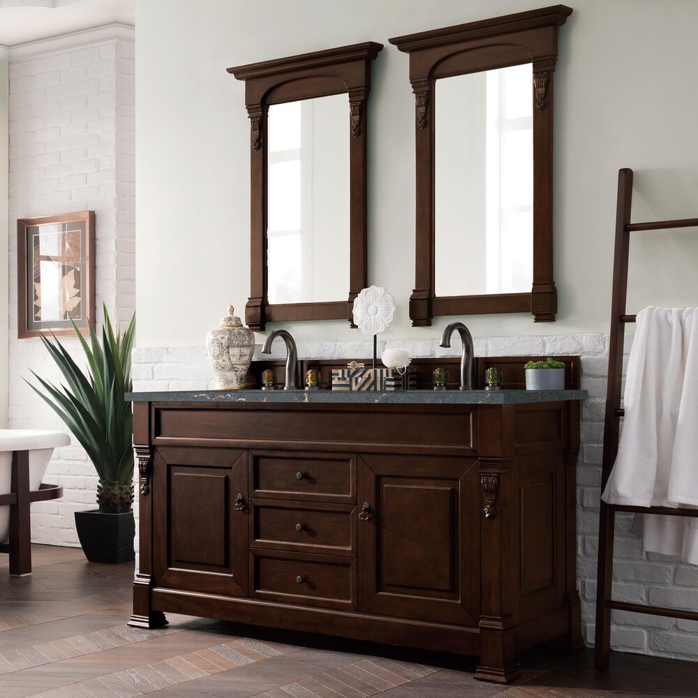 James Martin Vanities Brookfield 60&quot; Double Bathroom Vanity in Burnished Mahogany with Single Hole 3 cm White Zeus Quartz Top and Rectangular Sinks, , large