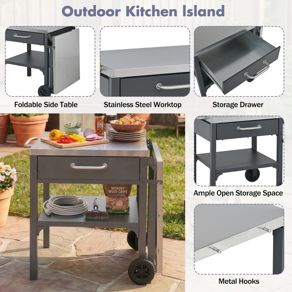 Hearth and Haven Outdoor Foldable Kitchen Cart with Side Table in Gray, , large