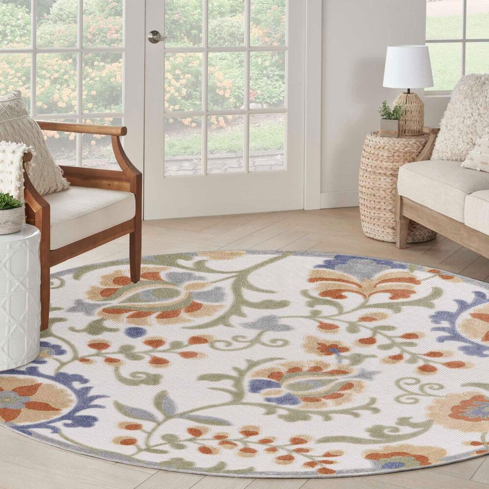 Nourison Aloha ALH17 7&#39;10&quot; Round Ivory and Blue Indoor/Outdoor Area Rug, , large