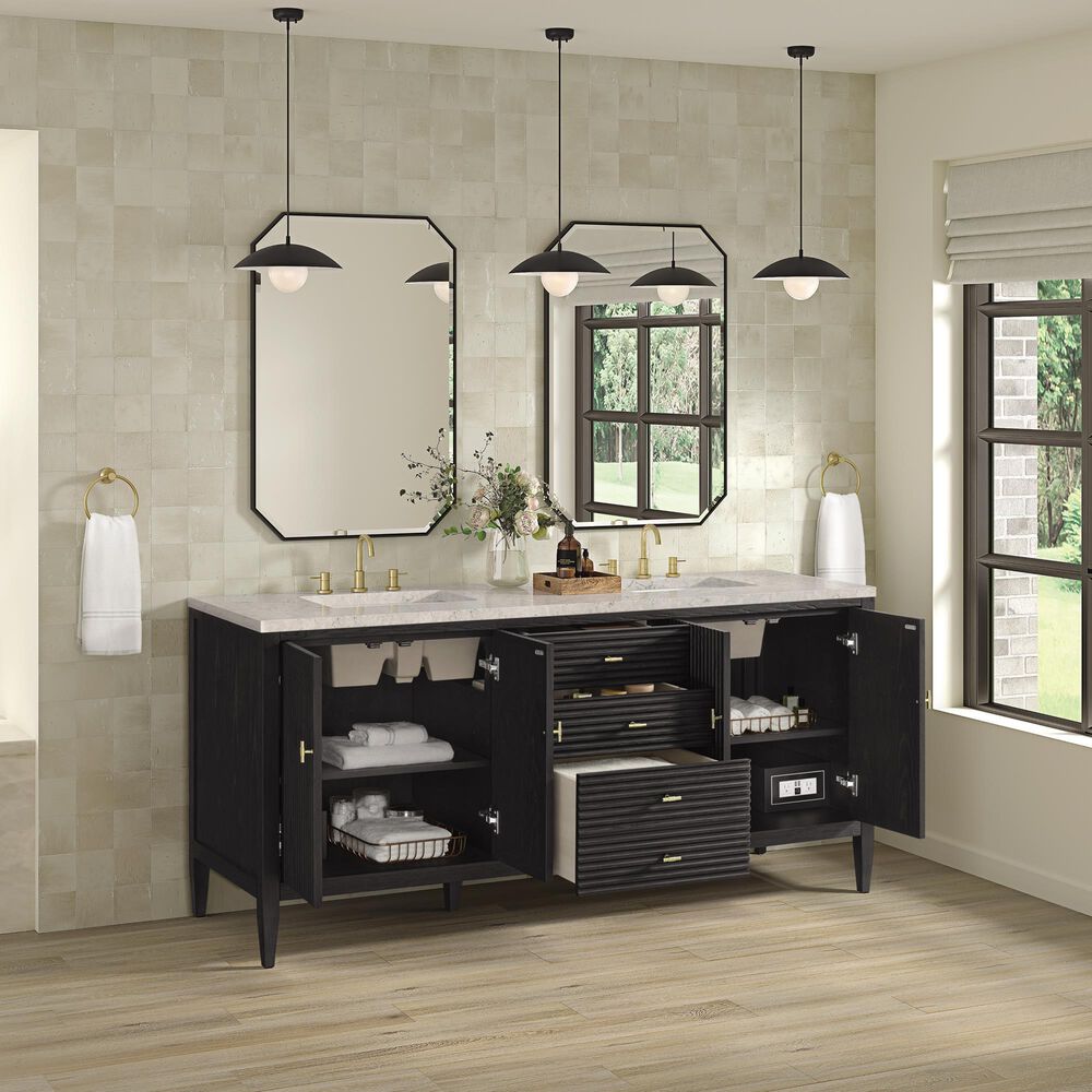 James Martin Vanities Myrrin 72&quot; Double Vanity in Carbon Oak with 3 cm Eternal Jasmine Pearl Quartz Top, , large