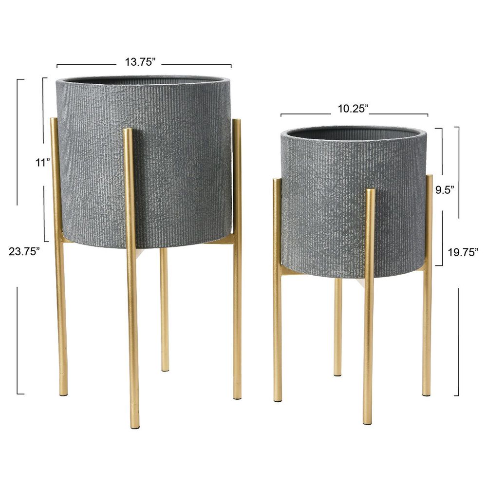Creative Coop 2-Piece Modern Boho Embossed Metal Planter with Stand Set in Charcoal Grey and Gold, , large