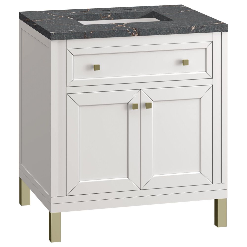 James Martin Vanities Chicago 30" Single Bathroom Vanity in Glossy White with 3 cm Parisien Bleu Quartz Top and Rectangular Sink, , large