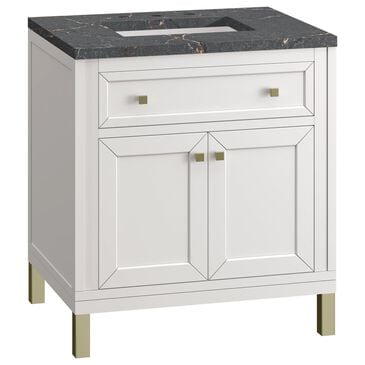 James Martin Vanities Chicago 30" Single Bathroom Vanity in Glossy White with 3 cm Parisien Bleu Quartz Top and Rectangular Sink, , large