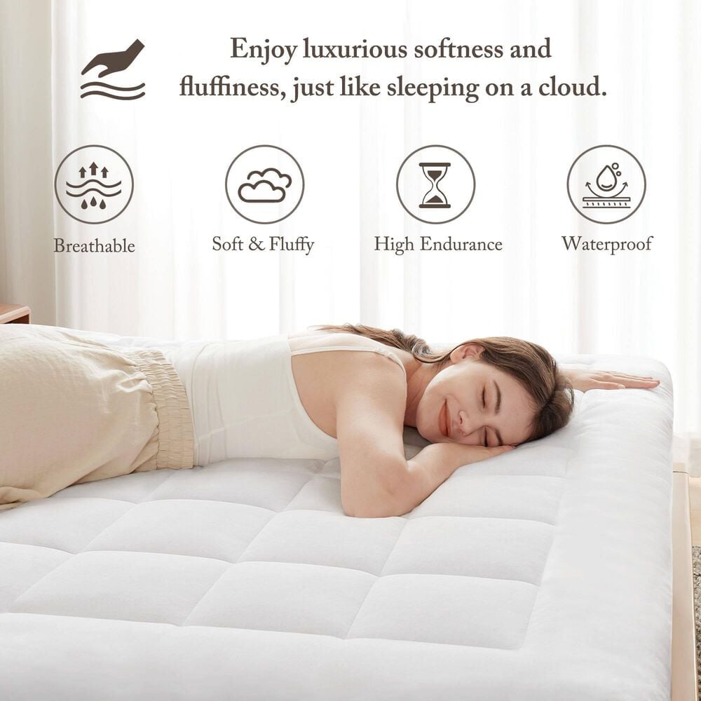 Hampton Park Cloud Soft Queen Overfilled Plush Hypoallergenic Down Alternative Waterproof Mattress Pad in White, , large