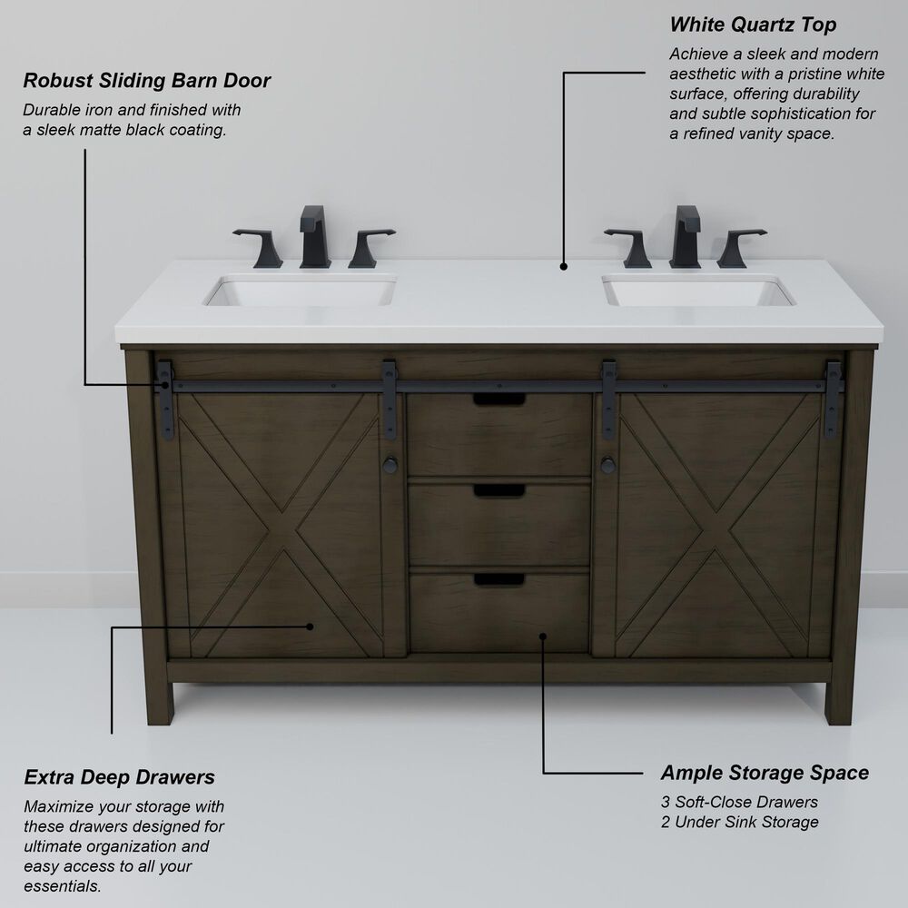 Lexora Home Marsyas 60" Double Bathroom Vanity in Rustic Brown with White Quartz Top and Rectangular Sinks, , large