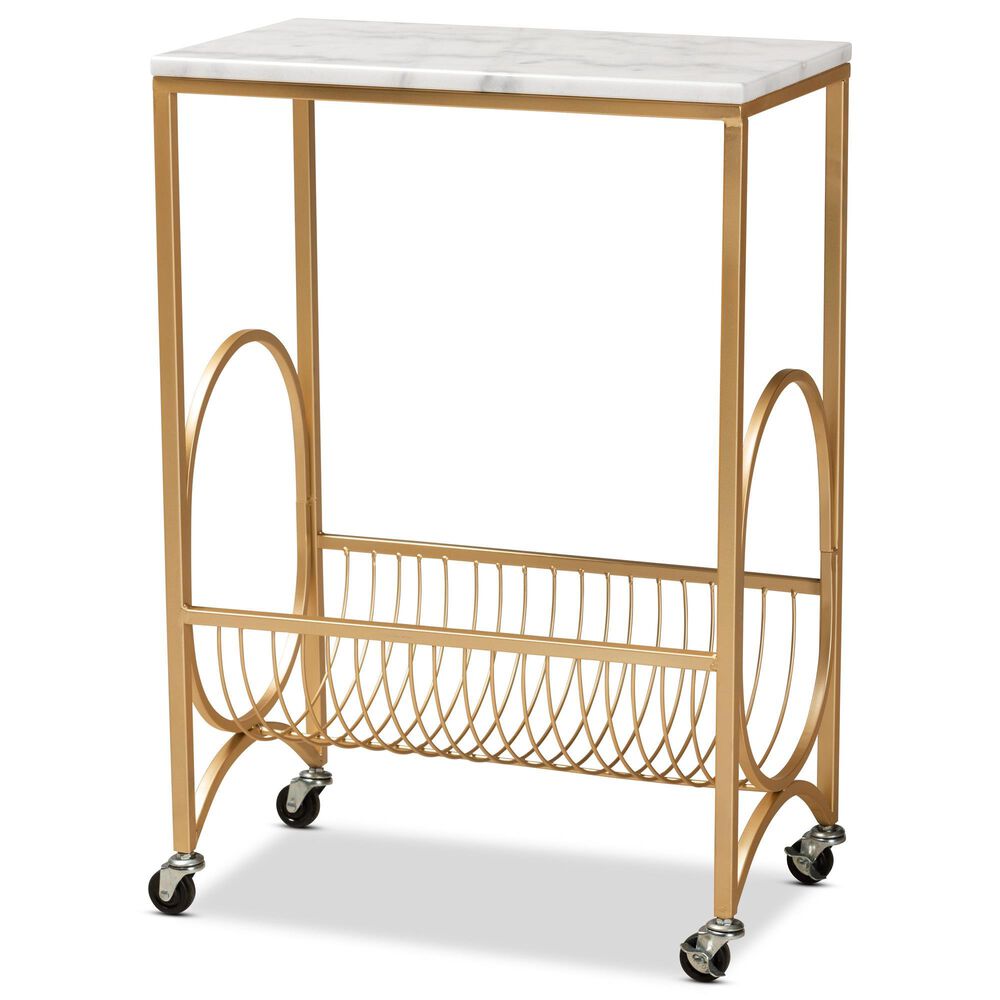 Baxton Studio Jacek Wine Cart in Gold and White Marble, , large