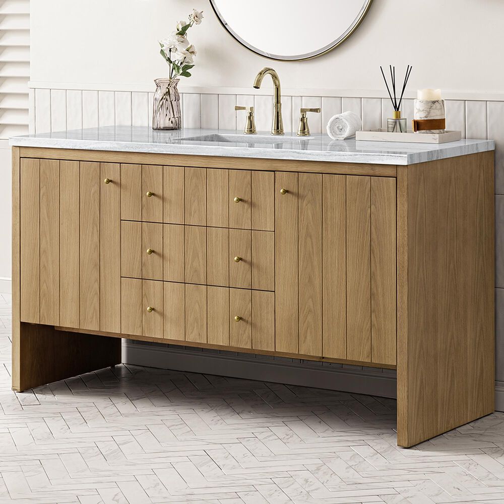 James Martin Vanities Hudson 60&quot; Single Bathroom Vanity in Light Natural Oak with 3 cm Carrara White Marble Top and Rectangular Sink, , large