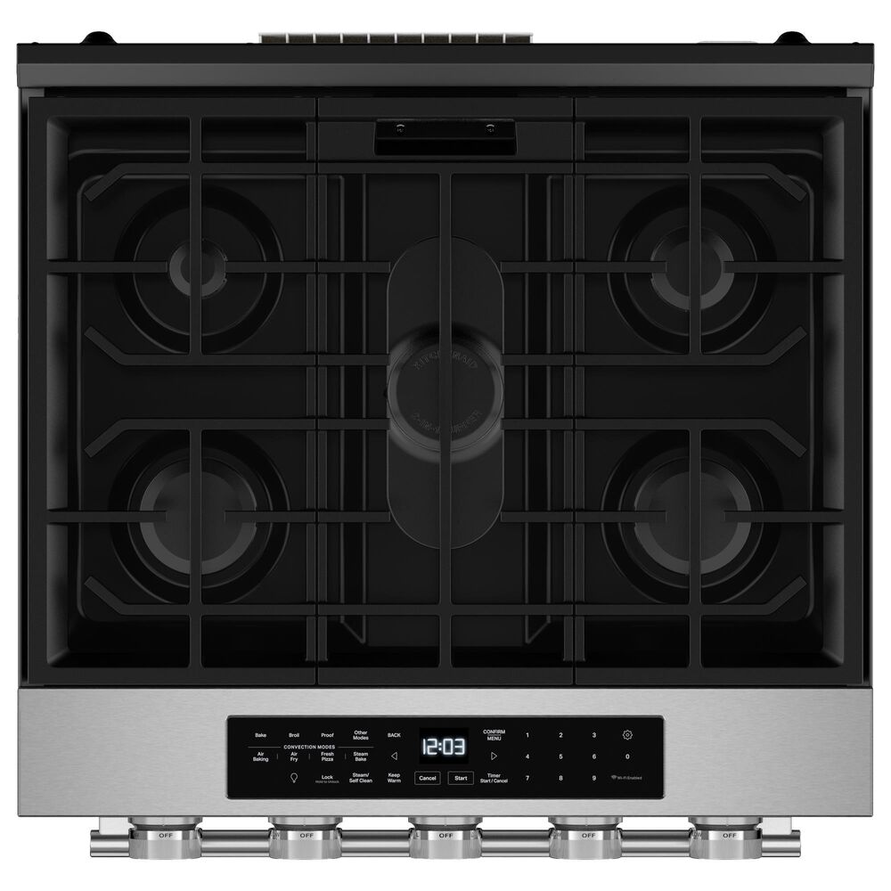 KitchenAid 2-Piece Kitchen Package with 5 Cu. Ft. Smart Slide-in Gas Range and 1.1 Cu. Ft. Multifunction Over-the-Range Microwave Oven in PrintShield Stainless Steel, , large