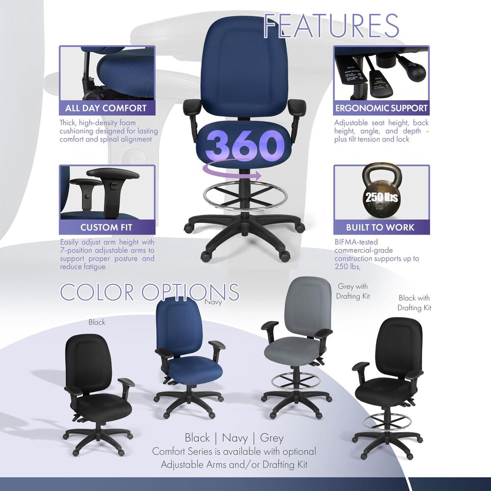 Regency Global Sourcing Comfort Series Multifunctional Swivel Computer Task Chair with Adjustable Arms and Drafting Kit in Navy Blue, , large