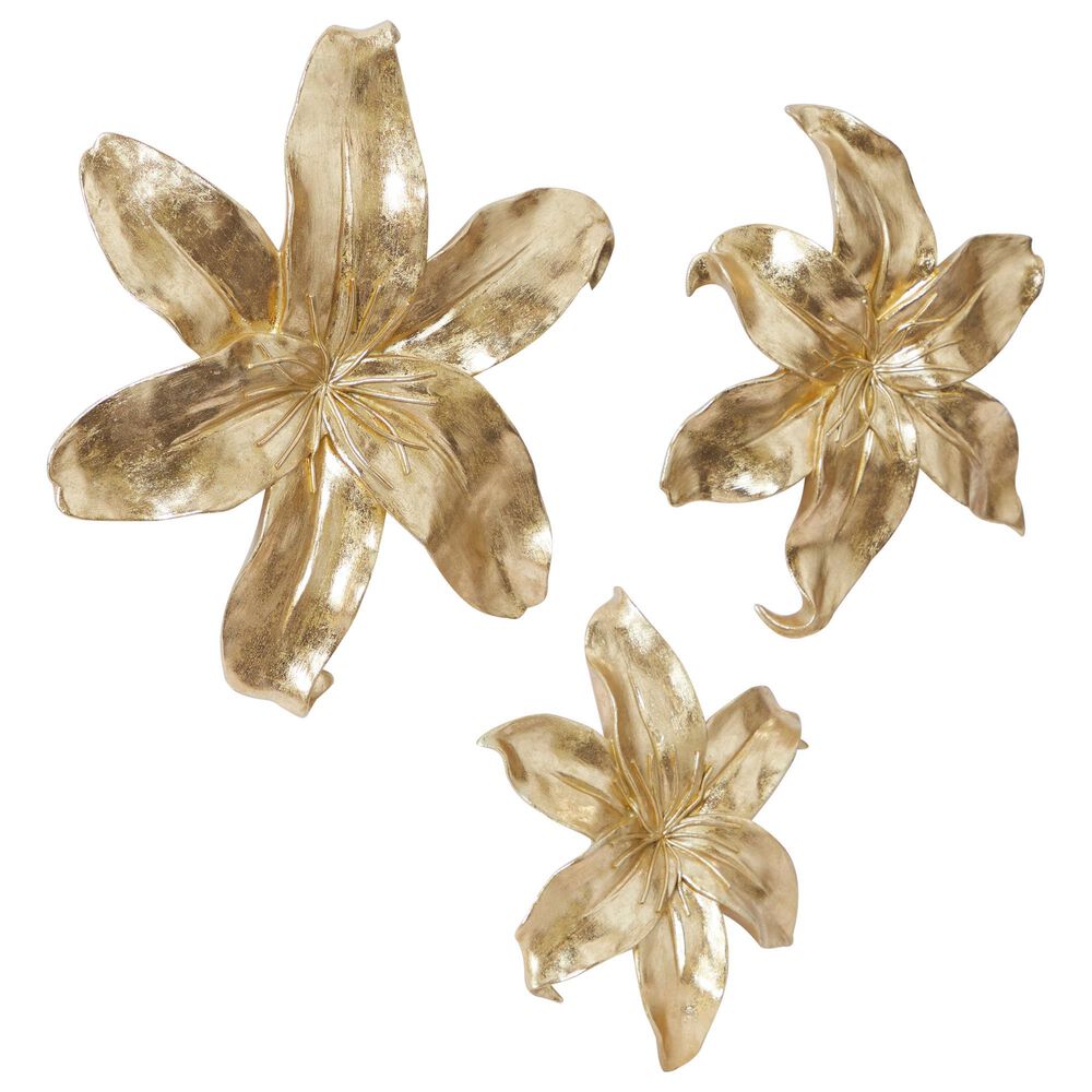 Maple and Jade 18&quot; x 16&quot; Contemporary Flowers Wall Decor in Gold &#40;Set of 3&#41;, Gold, large