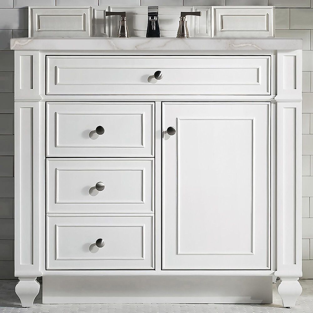 James Martin Vanities Bristol 36" Single Bathroom Vanity in Bright White with 3 cm Victorian Silver Quartz Top and Rectangular Sink, , large