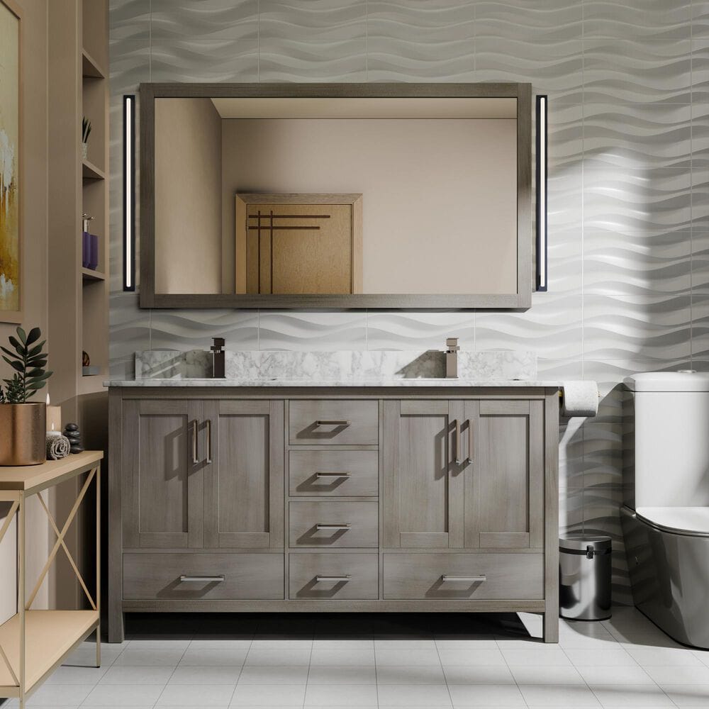 Lexora Home Jacques 60" Double Bathroom Vanity in Distressed Grey with 2 cm White Carrara Marble Top and Rectangular Sinks, , large