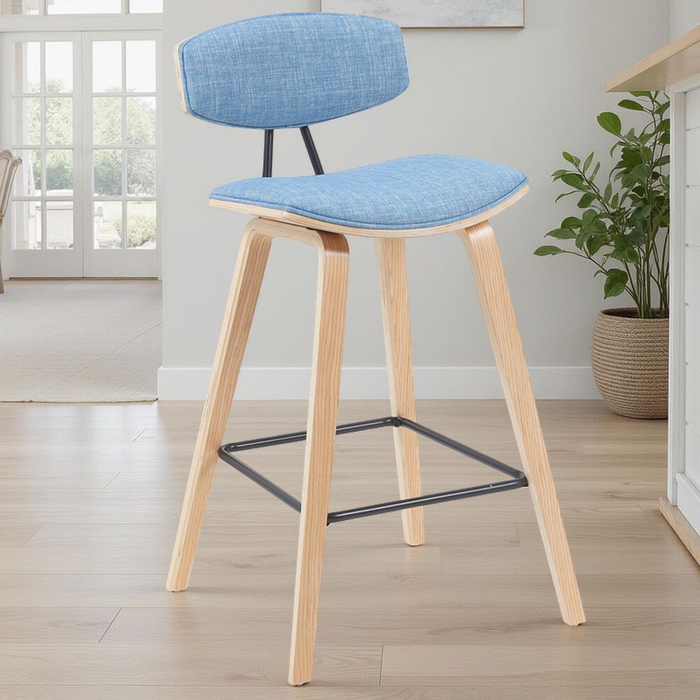Armen Living Fox Bar Height Stool with Light Blue Upholstery in Patterned Oak, , large