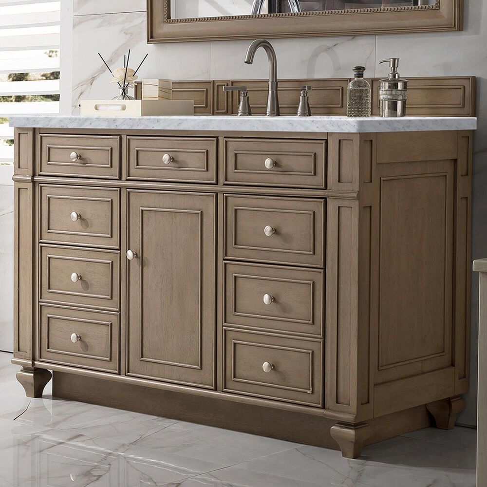 James Martin Vanities Bristol 48&quot; Single Bathroom Vanity in Whitewashed Walnut with 3 cm Carrara White Marble Top and Rectangular Sink, , large