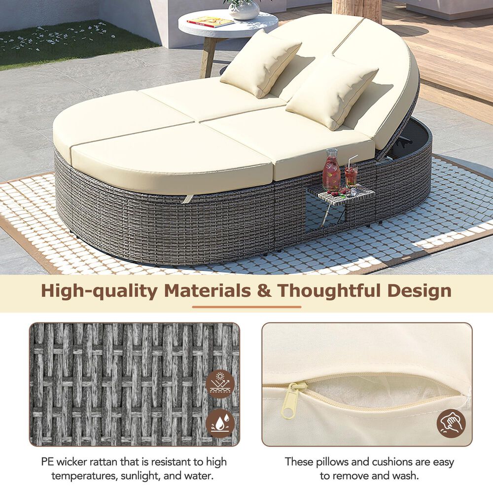 HOMLUX 2-Person Outdoor Daybed with Adjustable Backrests and Foldable Cup Trays in Beige, , large