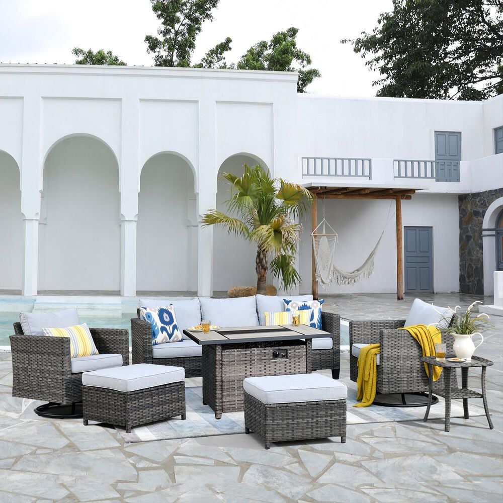 HOMLUX 7-Piece Patio Conversation Set with Rocking Chairs and Fire Pit Table in Grey, , large