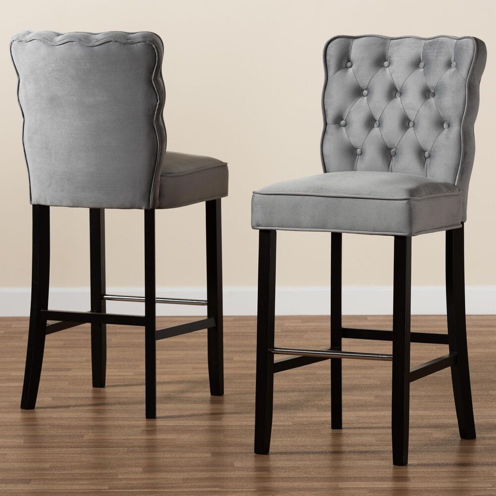 Baxton Studio Daphne Bar Stool with Dark Grey Velvet Cushion in Dark Brown (Set of 2), , large