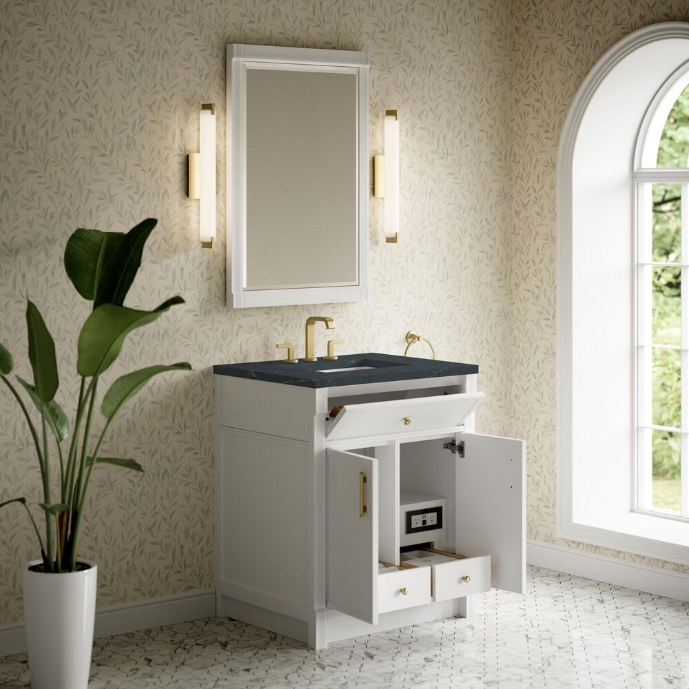 James Martin Bellshire 30" Single Bathroom Vanity in Bright White with 3 cm Charcoal Soapstone Silestone Top and Rectangular Sink, , large