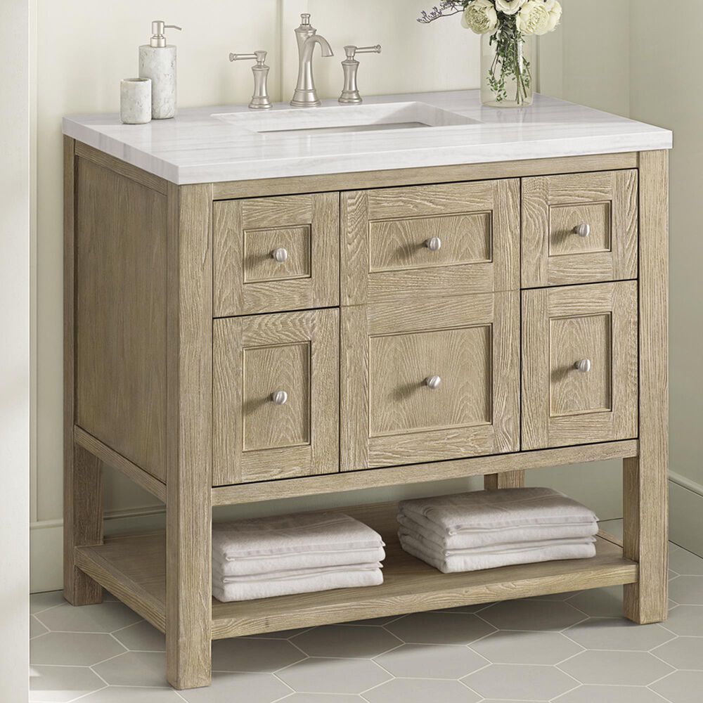 James Martin Vanities Breckenridge 36&quot; Single Vanity in Whitewashed Oak with 3 cm Arctic Fall Solid Surface Top, , large