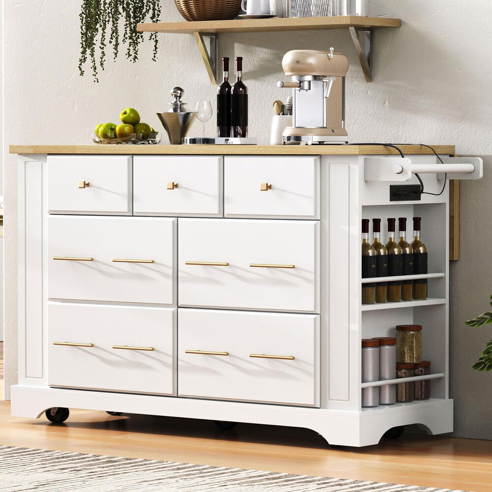 HOMLUX 51" Kitchen Island with Pull Out Trash Can Storage in White, , large