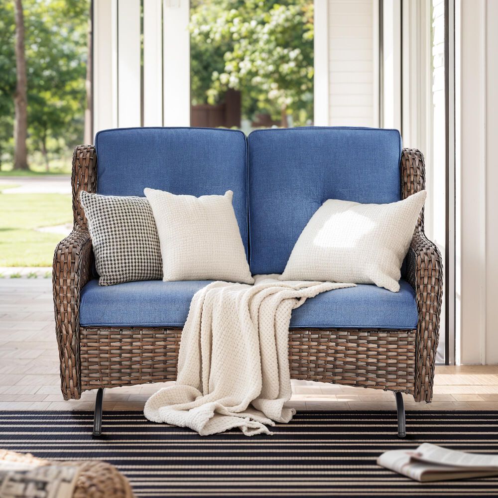 Sunwell Garden Outdoor Glider Loveseat with Brown Rattan in Navy, , large