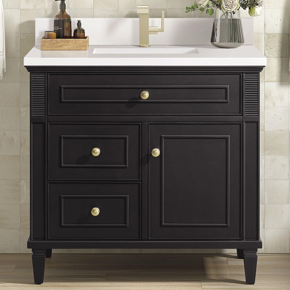 James Martin Vanities Lorelai 36&quot; Single Vanity in Black Onyx with Single Hole 3 cm White Zeus Quartz Top &amp; Backsplash, , large