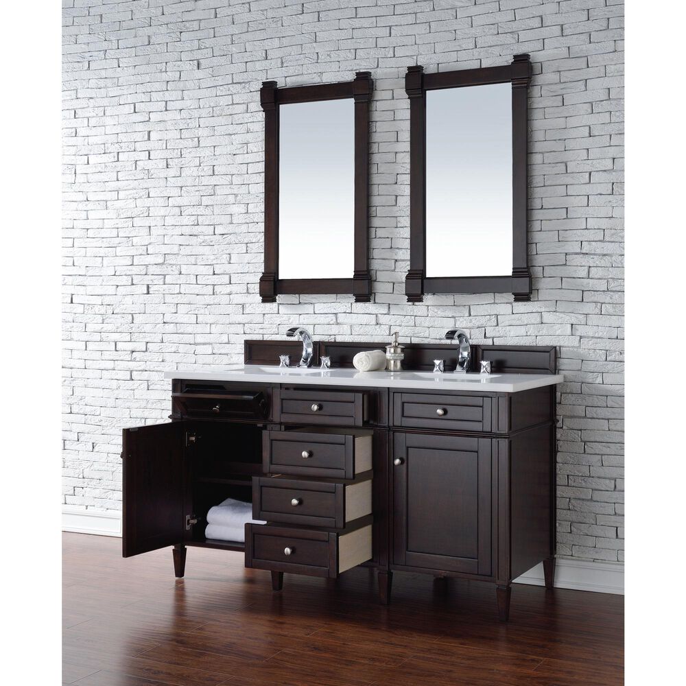 James Martin Vanities Brittany 60&quot; Double Bathroom Vanity in Burnished Mahogany with 3 cm White Zeus Quartz Top and Rectangular Sinks, , large