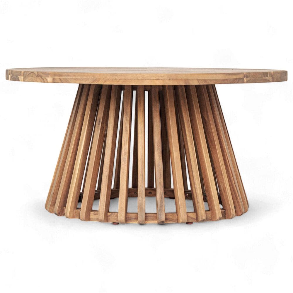 Hearth and Haven Outdoor Round Coffee Table with Slatted Base in Light Teak, , large