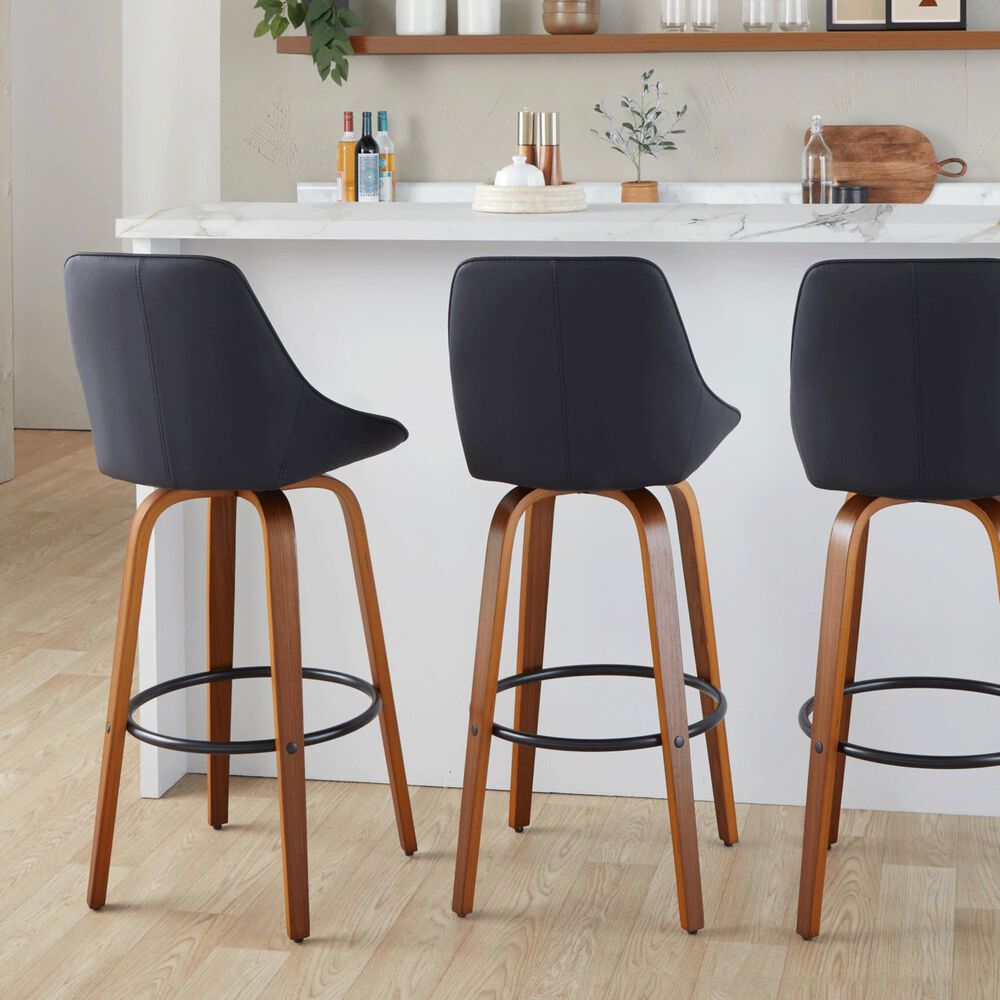 LumiSource Diana 30" Swivel Barstool with Black Faux Leather Upholstery in Walnut and Black (Set of 2), , large