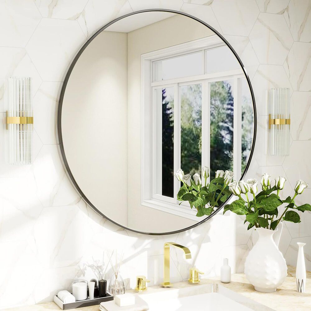 HOMLUX 24&quot; Round Wall Mirror in Black, , large