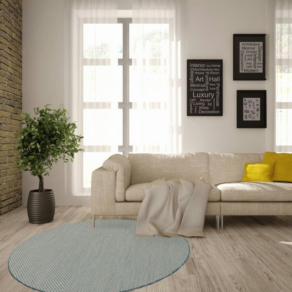 Nourison Courtyard Ivory and Aqua 5&#39; Round Indoor/Outdoor Area Rug, , large