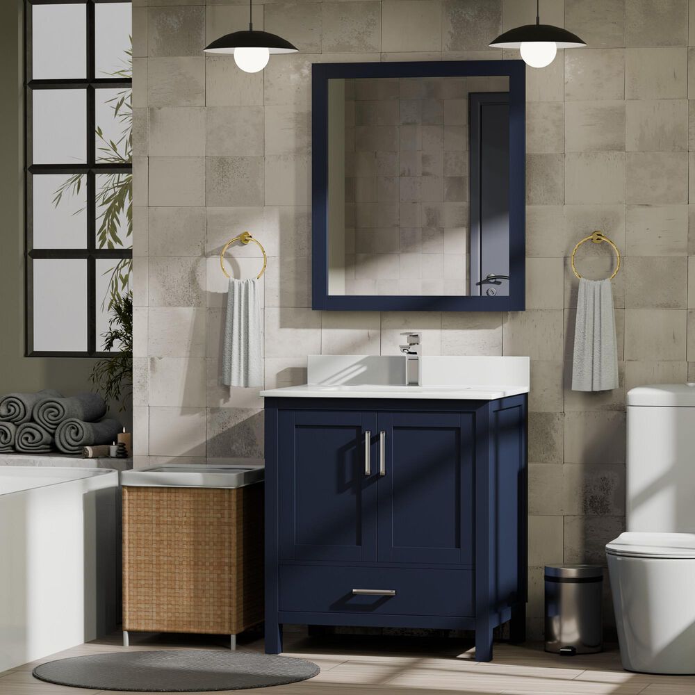 Lexora Home Jacques 30" Single Bathroom Vanity in Navy Blue with 2 cm White Quartz Top and Rectangular Sink, , large