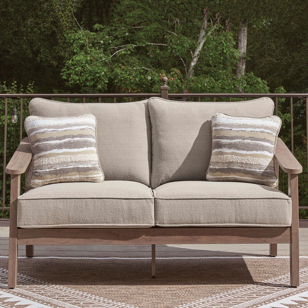 Ashley Harmony Headlands Outdoor Loveseat with Cushion in Natural and Gray, , large