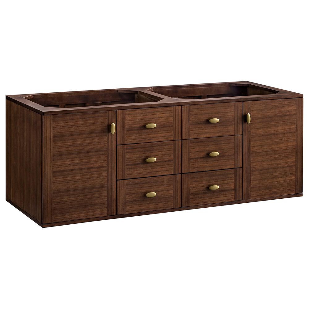 James Martin Vanities Amberly 60&quot; Double Bathroom Vanity in Mid-Century Walnut with 3 cm Parisien Bleu Quartz Top and Rectangular Sinks, , large