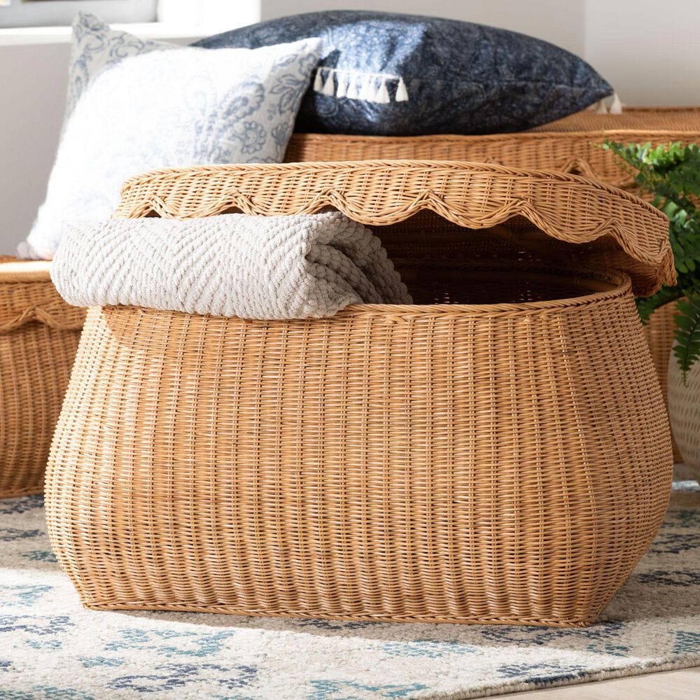 Baxton Studio Ayleen Medium Basket with Scalloped Lid in Light Honey, , large