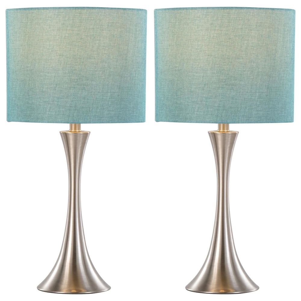 LumiSource Lenuxe 24" Metal Table Lamp with Turquoise Linen Shade in Brushed Nickel (Set of 2), , large