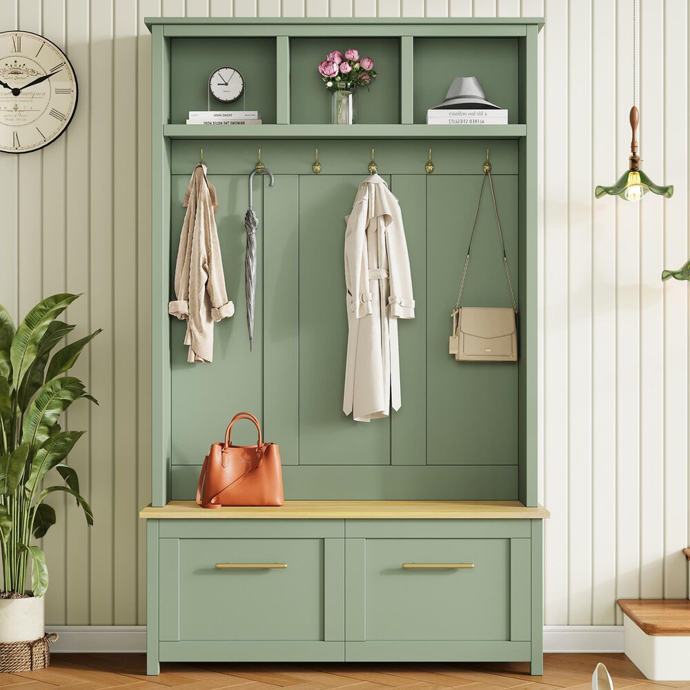 HOMLUX 6-Hook Hall Tree with 2-Drawer in Green, , large