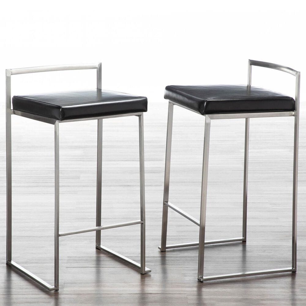 LumiSource Fuji Stackable Counter Stool with Black Faux Leather in Brushed Stainless Steel &#40;Set of 2&#41;, , large