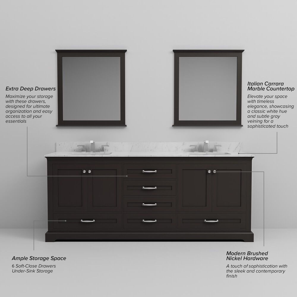 Lexora Home Dukes 80" Double Bathroom Vanity in Espresso with 2 cm White Carrara Marble Top and Rectangular Sinks, , large