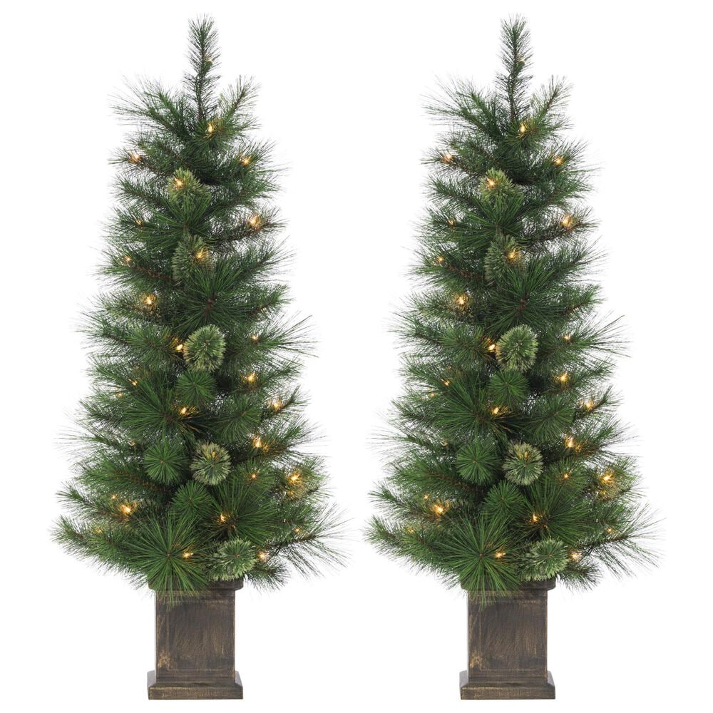 The Gerson Company 4" Potted Hard Needle Christmas Tree with White LED Lights in Green (Set of 2), , large