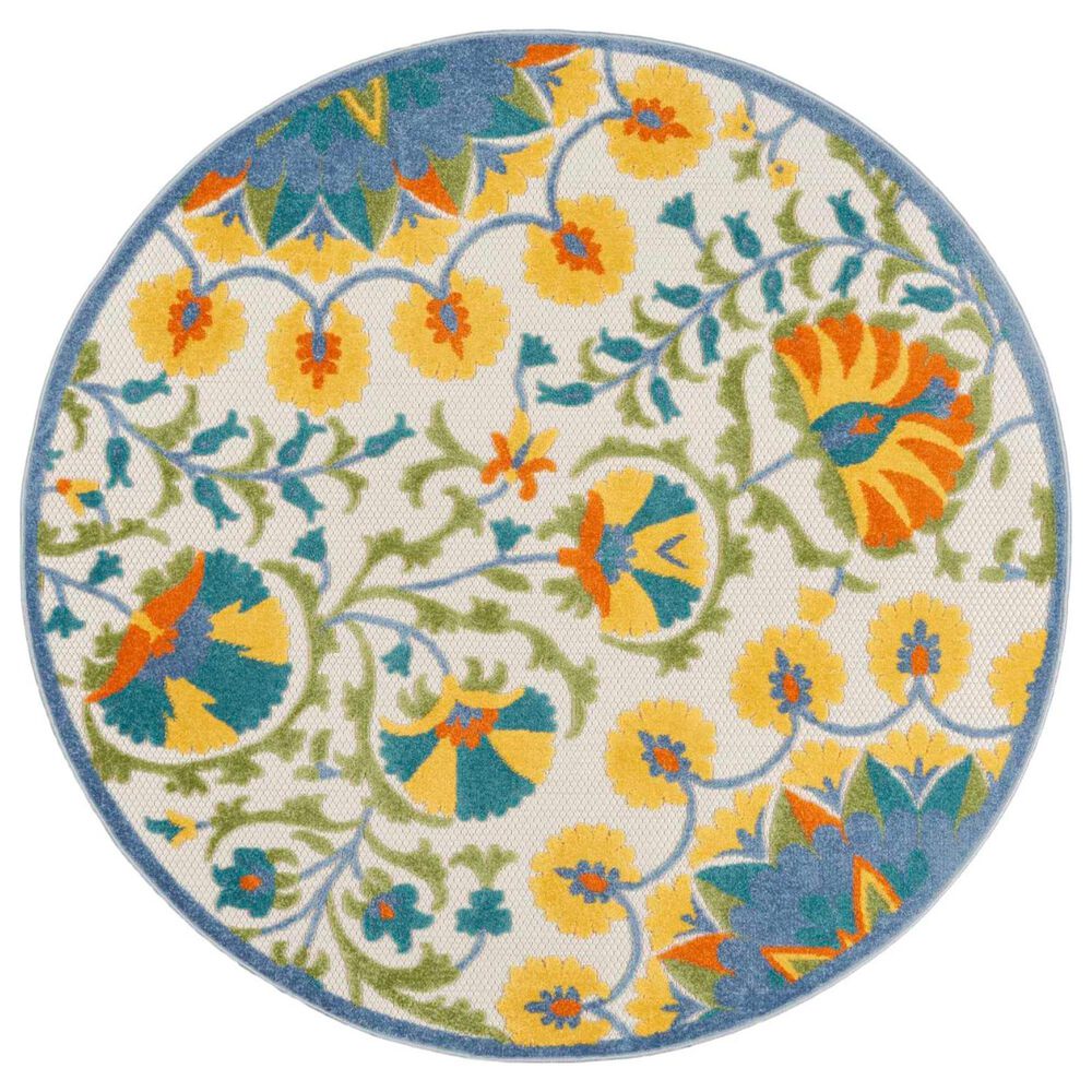 Nourison Aloha 5"3" Round Blue, Yellow, Orange, Green and White Indoor/Outdoor Area Rug, , large