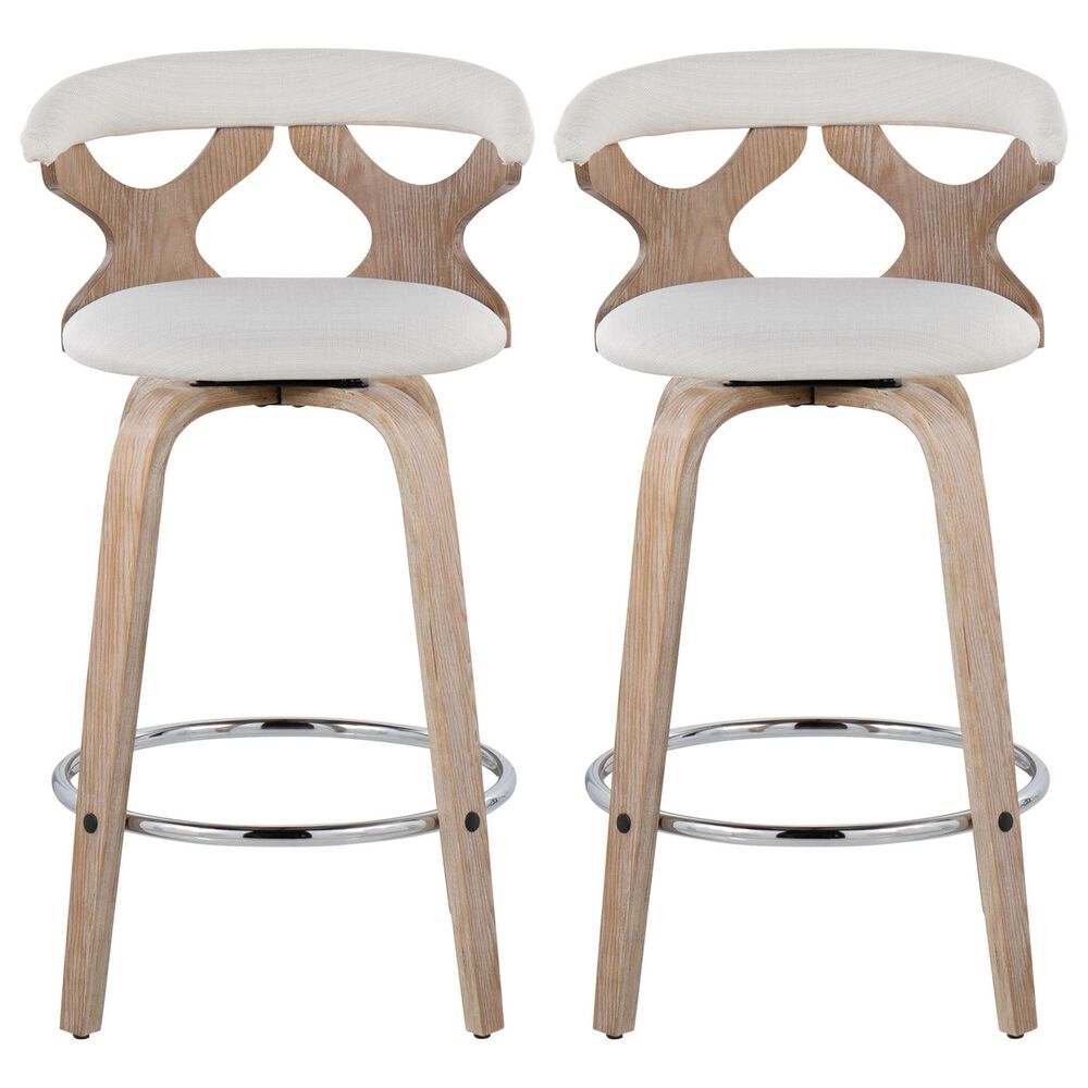 LumiSource Gardenia Swivel Fixed-Height Counter Stool with Cream Fabric Upholstery in Chrome and Whitewashed (Set of 2), , large