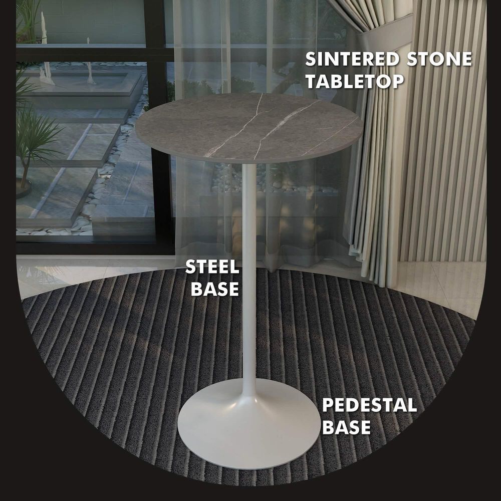 Leisuremod LeisureMod Verve Collection Modern Bar Height Table White Base with 27 Round Marble Grey Sintered Stone Top, , large