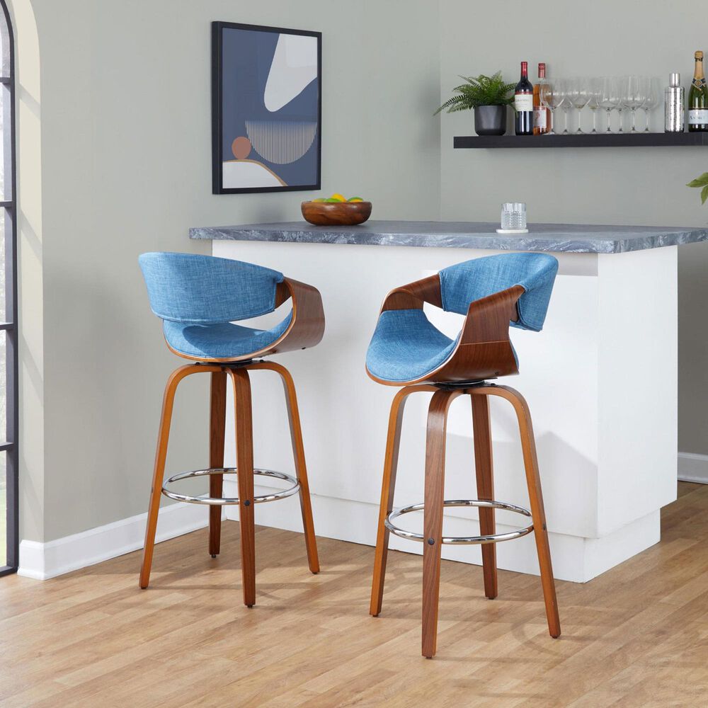 LumiSource Curvini 30" Swivel Barstool with Blue Upholstery in Walnut and Chrome (Set of 2), , large