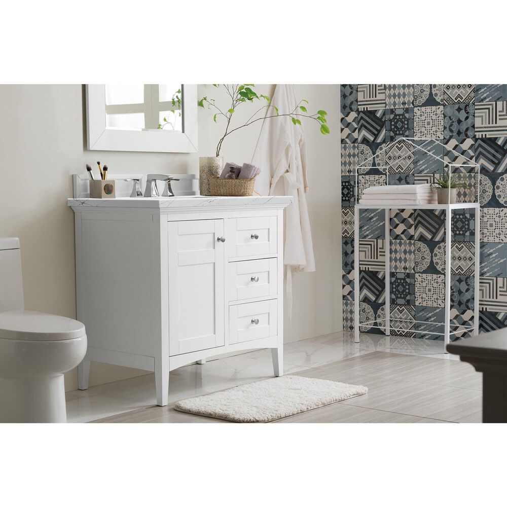 James Martin Vanities Palisades 36&quot; Single Bathroom Vanity in Bright White with 3 cm Ethereal Noctis Quartz Top and Rectangular Sink, , large