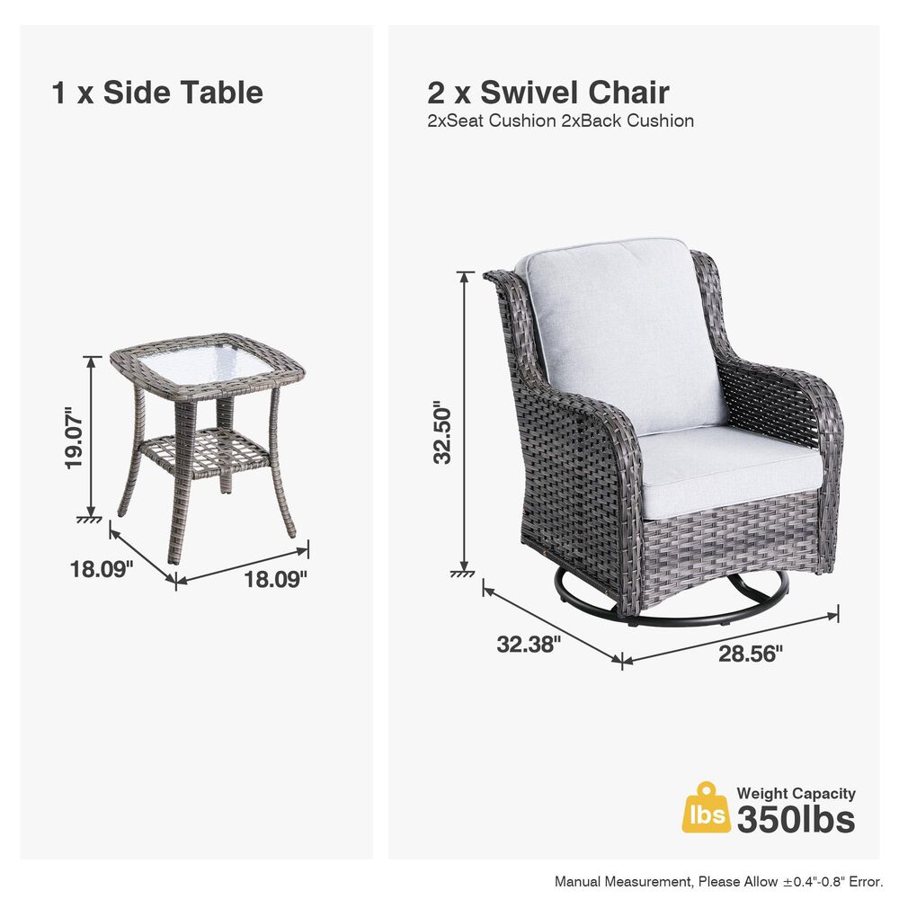 HOMLUX 3-Piece Patio Conversation Set with Curved-Arm Swivel Rocking Chairs and Light Gray Wicker in Gray, , large