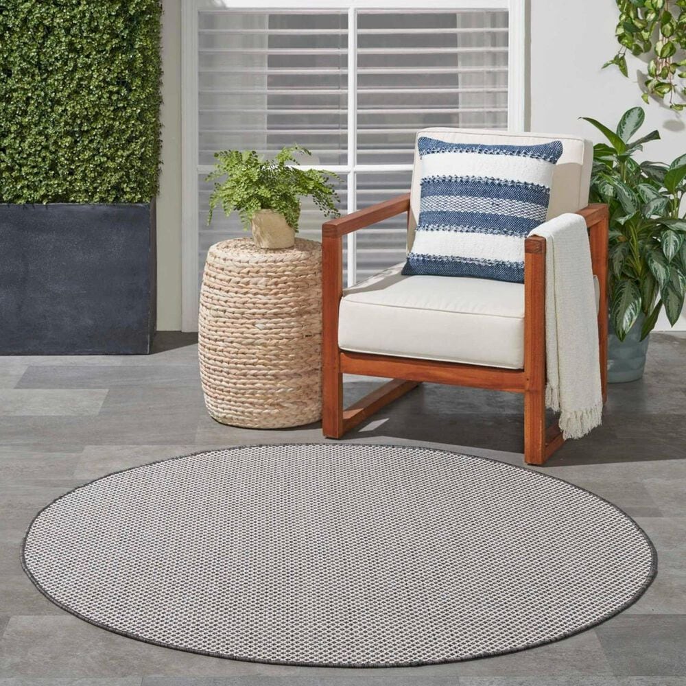 Nourison Courtyard Ivory and Charcoal 5&#39; Round Indoor/Outdoor Area Rug, , large